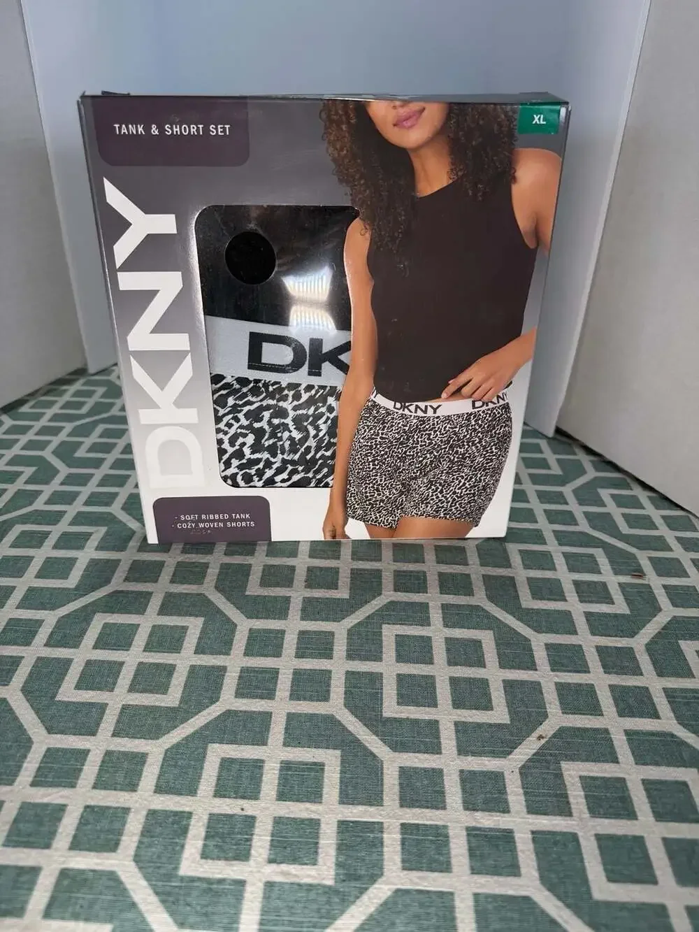 DKNY Women's Soft Ribbed Tank and Cozy Woven Short Pajama Set in Animal Print
